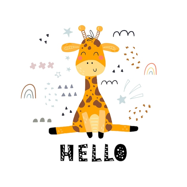 Girafa escandinava engraçada estilo desenho animado Impressão vetorial com girafa