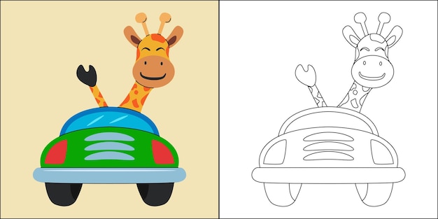 Girafa fofa dirigindo um carro adequado para ilustração vetorial de página para colorir infantil