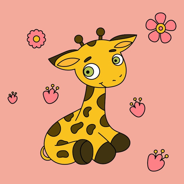 Girafa fofa sorrindo com flores