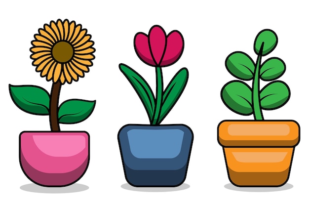 Girassóis, tulipas e plantas de folhas em vasos com desenho vetorial fofo