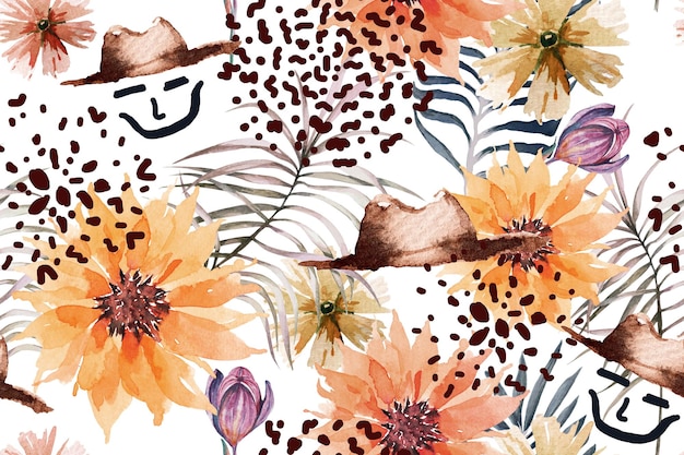 Girassol padrão e flores desabrochando com aquarela para tecido e papel de parede Fundo botânico