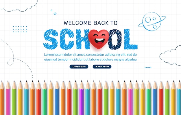 Giz colorido desenhado de volta às letras da escola com banner de lápis de cor página da web de cursos on-line