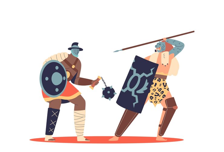 Vetor gladiadores romanos lutando no campo de batalha antigo com guerreiros bárbaros na luta herói espartano grego