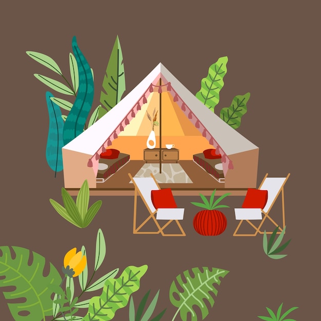 Glamping ilustração vetorial linda foto com marquise e flora tropical