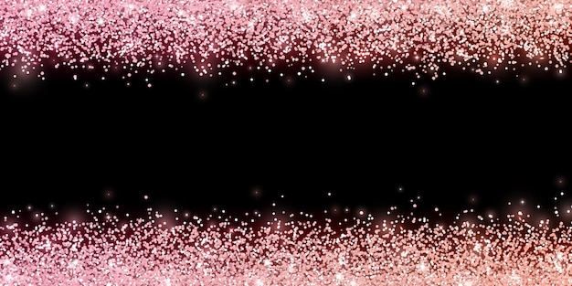 Glitter de ouro rosa com efeito de cor na borda larga horizontal de fundo preto ilustração vetorial