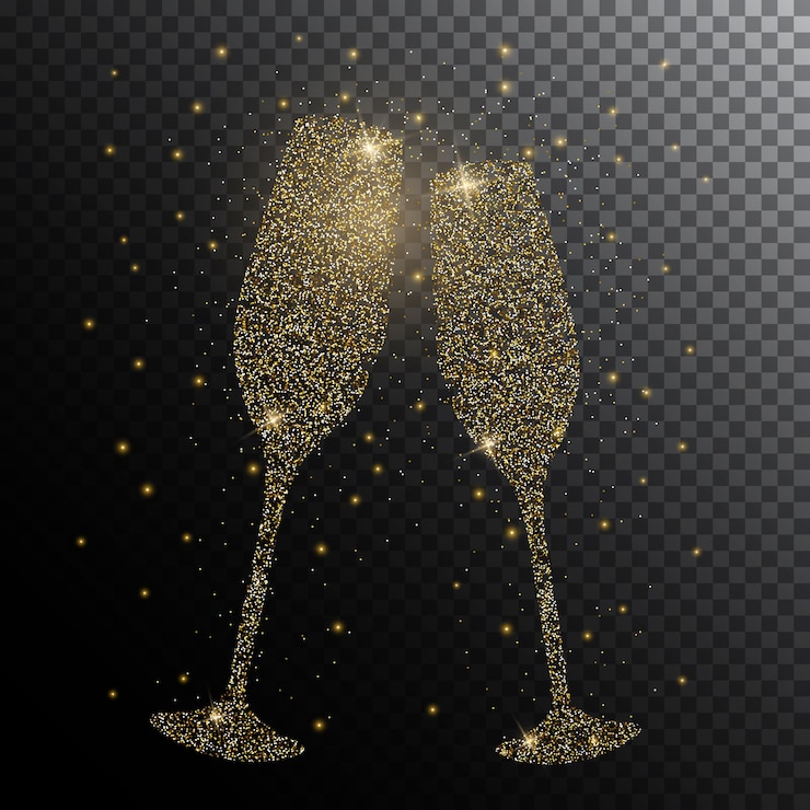 Vetor glitter dourado brilhante silhueta transparente copos de champanhe feliz natal e luz de ano novo