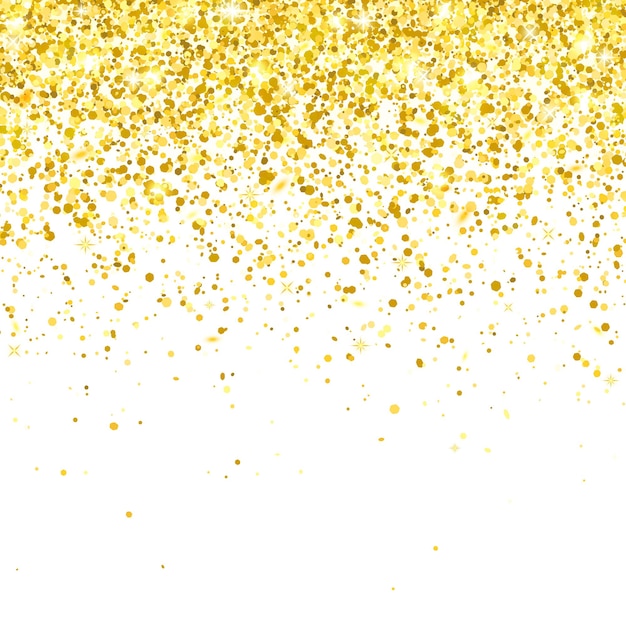 Glitter dourado caindo partículas no fundo branco ilustração vetorial