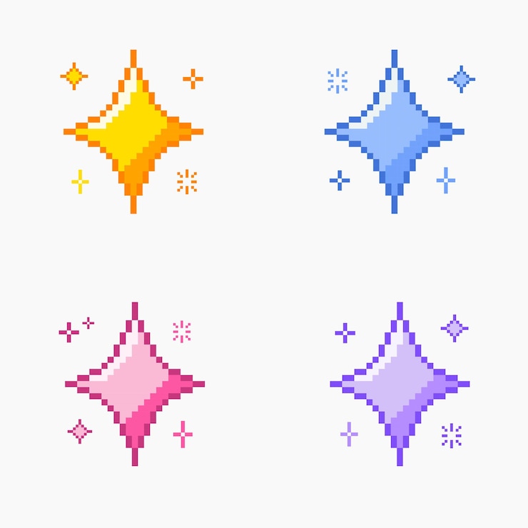 Vetor glitter stars estrelas cintilantes pixel art amarelo brilhante rosa roxo azul cintilante conjunto de pixel art