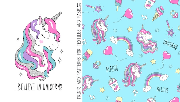 Glitter unicórnio vetor sem costura padrão cartão cartaz impressão t-shirt design para crianças livros infantis