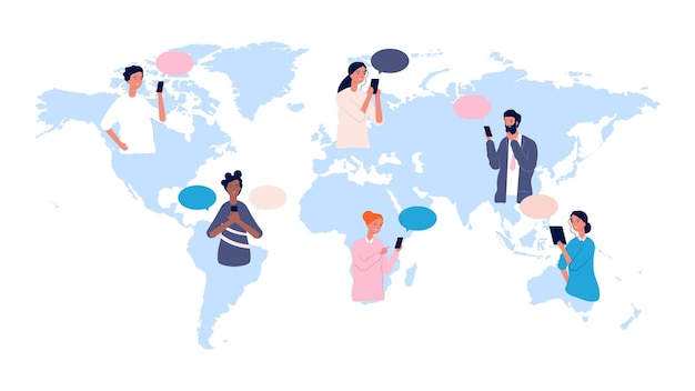 Globalização. avatares de pessoas no mapa mundial. comunicação internacional, amizade online. homem multicultural mulher de diferentes países juntos ilustração vetorial. mundo de negócios global