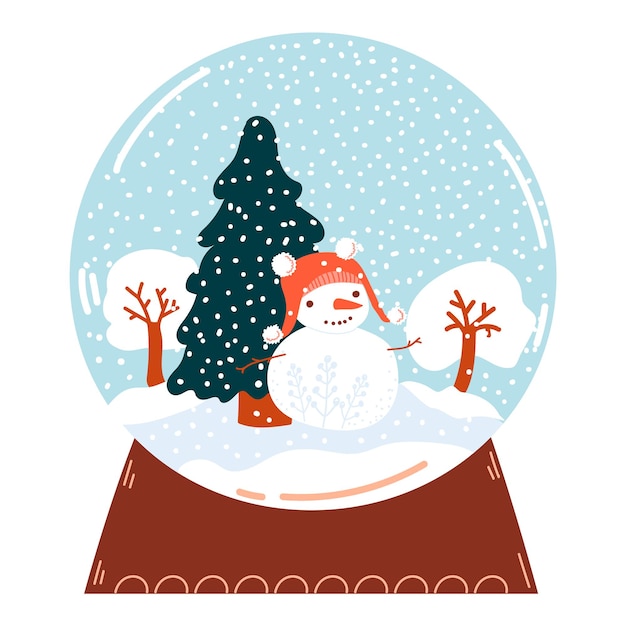 Globo de neve. Bola de neve de Natal com paisagem de inverno, abeto, árvore, boneco de neve, queda de neve.