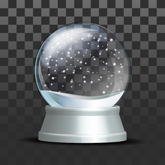 Globo de neve com flocos de neve caindo. esfera de vidro transparente realista em pedestal branco. esfera de vidro mágico em fundo escuro. ilustração vetorial eps 10