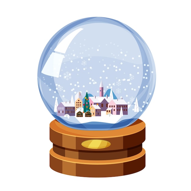 Vetor globo de neve de lembrança de natal com uma pequena cidade em ilustração vetorial de abeto de inverno