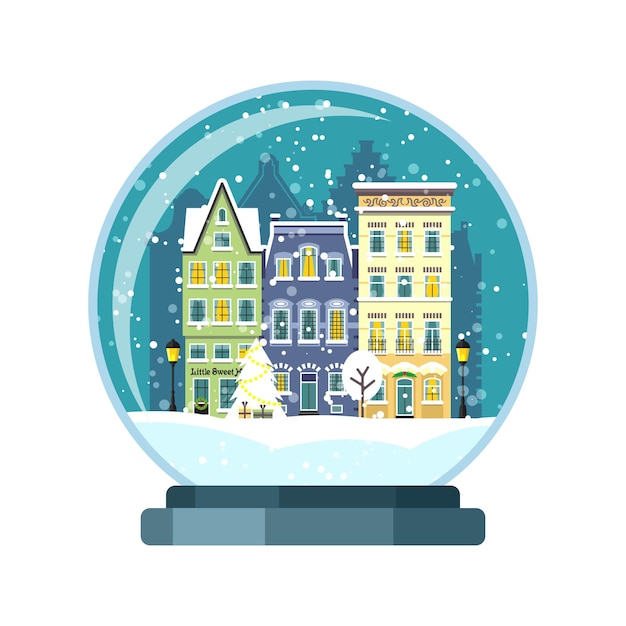 Globo de neve de natal com casas de amsterdam. ilustração isolada