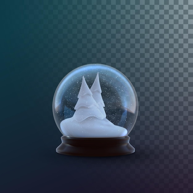 Globo de neve de natal isolado em fundo transparente quadriculado. ilustração em vetor 3d. decoração realista de férias. ornamento de natal de inverno. bola de cristal com neve. esfera de vidro com pinheiros nevados