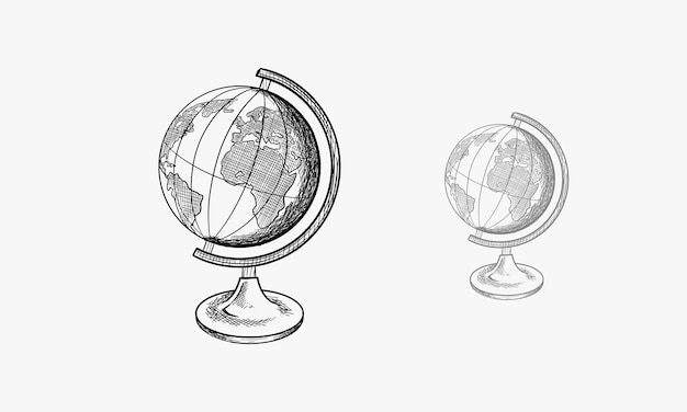 Vetor globo no suporte desenho a mão esboço vetorial ilustração monocromática