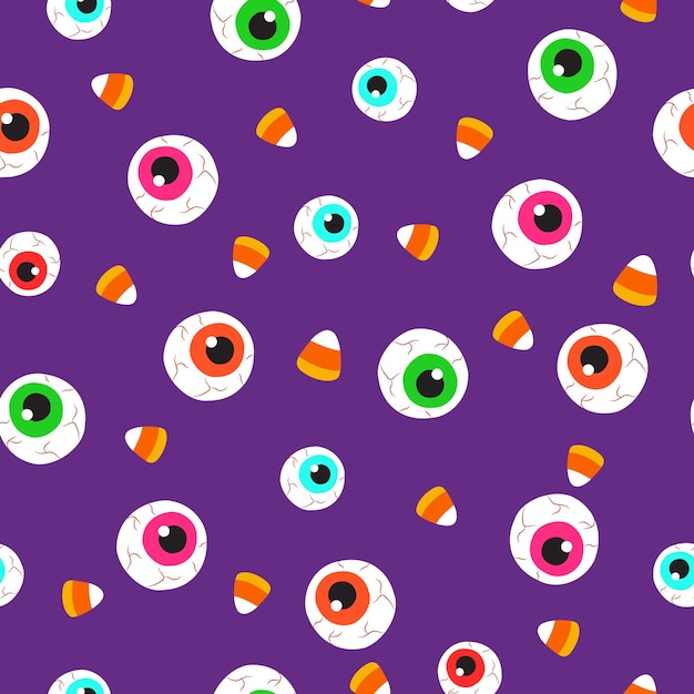 Globo ocular de halloween e doce padrão fofo sem costura para pano de fundo papel de embrulho tecido papel de parede estampas de moda impressão com estilo desenhado à mão fundo pastel