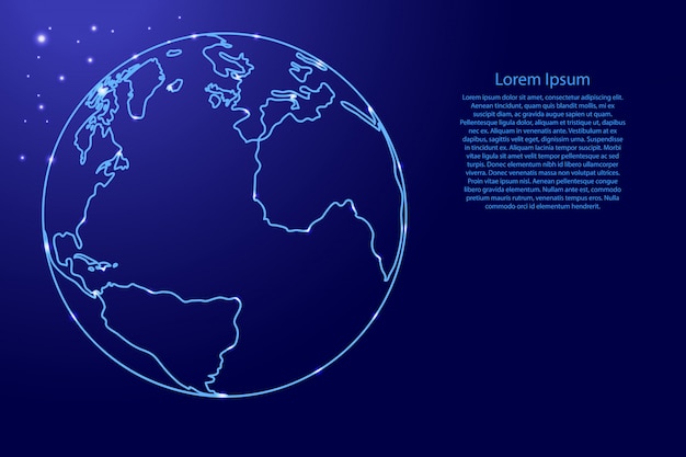 Vetor globo planeta terra com os continentes do atlântico, américa, áfrica a partir da rede de contornos azul, estrelas do espaço luminoso