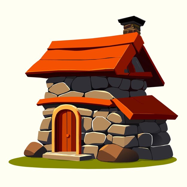 Vetor gnome casa rústica de madeira mundo de fantasia paisagem desenhada à mão plano ícone de adesivo de desenho animado elegante