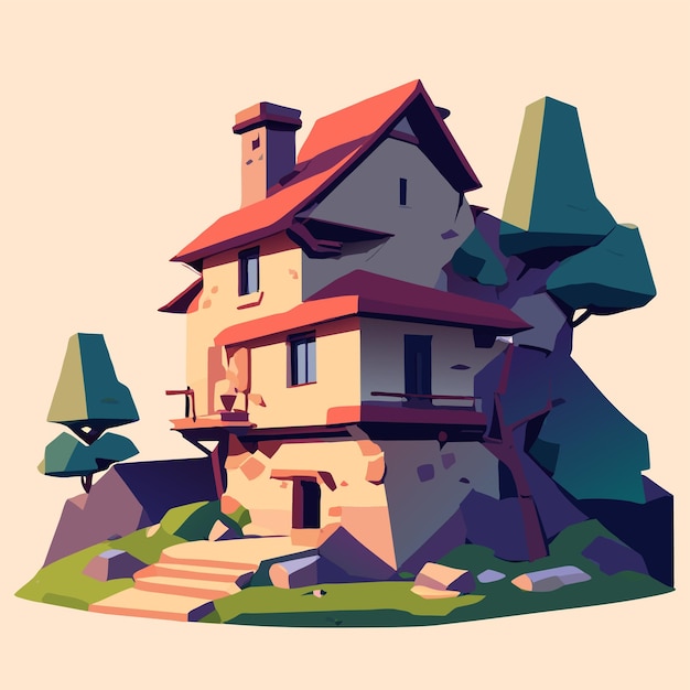 Vetor gnome casa rústica de madeira mundo de fantasia paisagem desenhada à mão plano ícone de adesivo de desenho animado elegante