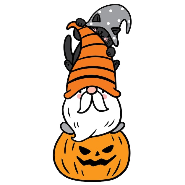 Gnome e gato preto halloween, vetor de personagem de desenho animado bonito.