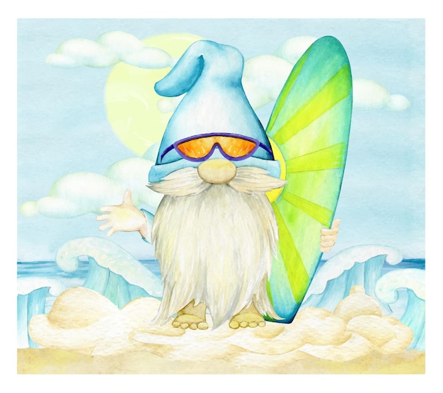 Vetor gnome, prancha, prancha de surf, oceano, areia, sol. conceito de aquarela, em estilo cartoon.
