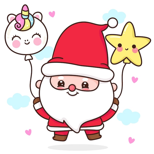 Vetor gnome santa calus fofo segurando unicórnio de natal e um balão estelar desenho kawaii
