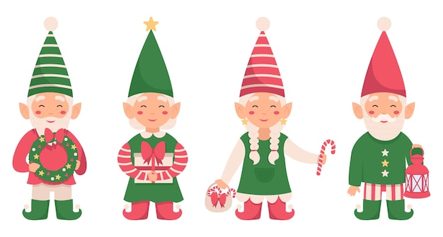Gnomo de Natal. 4 duendes do Papai Noel com uma coroa de flores, um presente, pirulitos e uma lanterna.