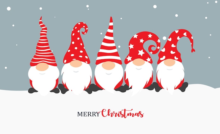 Vetor gnomo de natal. cartão de natal com personagens de férias isoladas em fundo de neve.