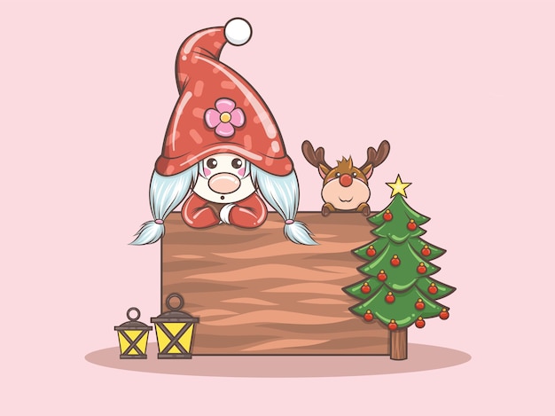 Vetor gnomo fofa e personagem de desenho animado de veado fofa na ilustração de natal