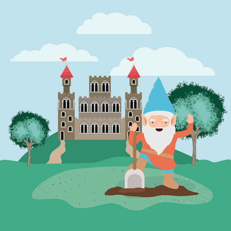 Vetor gnomo no acampamento com castelo