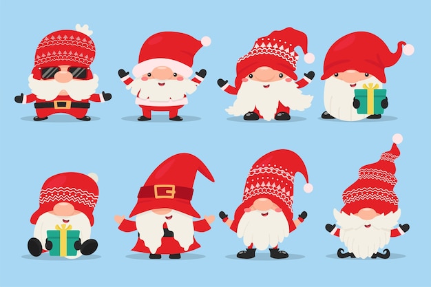 Gnomos anões usam vestidos e chapéus vermelhos para celebrar o natal no inverno.