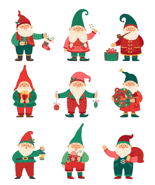 Vetor gnomos de natal - anões fofos com personagens de elementos do feriado de inverno
