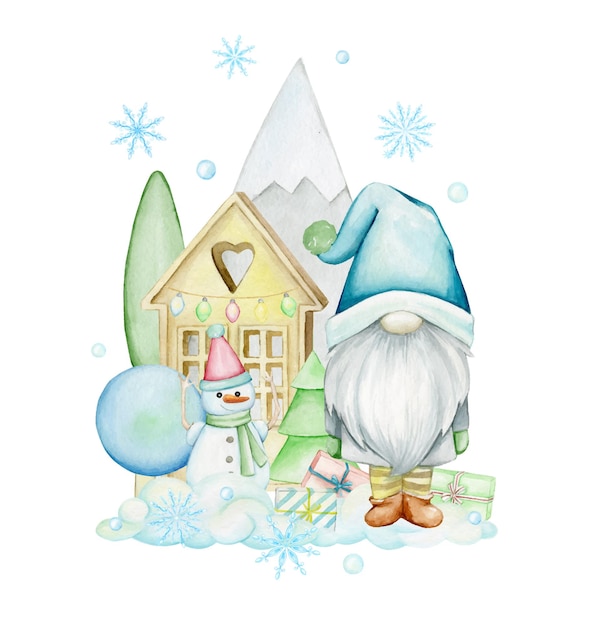 Gnomos de Natal, boneco de neve, casa, árvores, flocos de neve. Clipart em aquarela