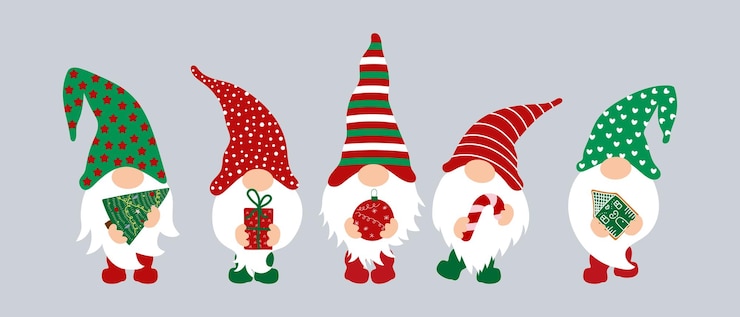 Vetor gnomos de natal com árvore de presente doces pão de gengibre e bola