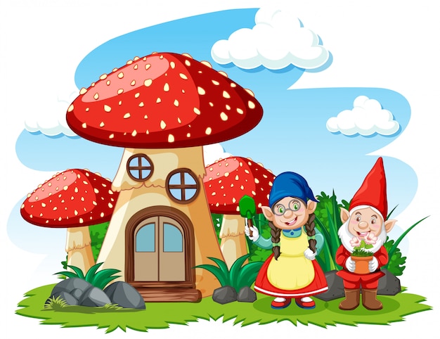 Gnomos e estilo cartoon de casa cogumelo em fundo branco