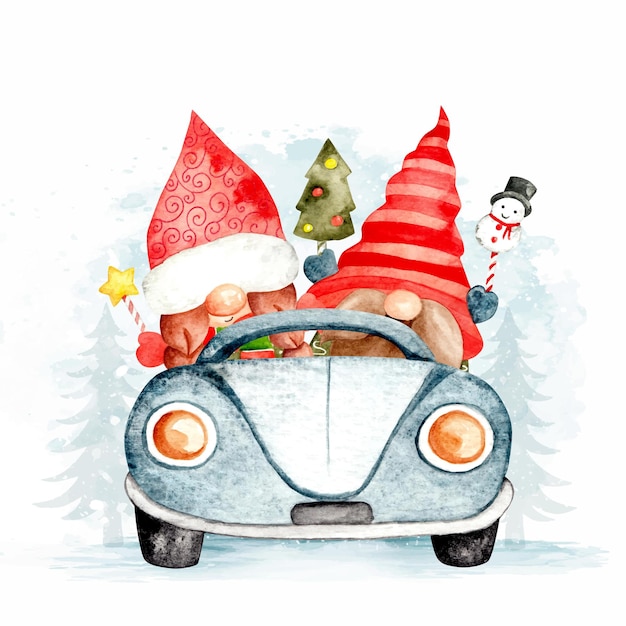 Gnomos em aquarela andando de carro com árvore de natal