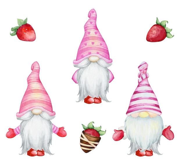 Gnomos, morangos cobertos com chocolate. conjunto de elementos em aquarela, sobre um fundo isolado, para a decoração de feriado do dia dos namorados.