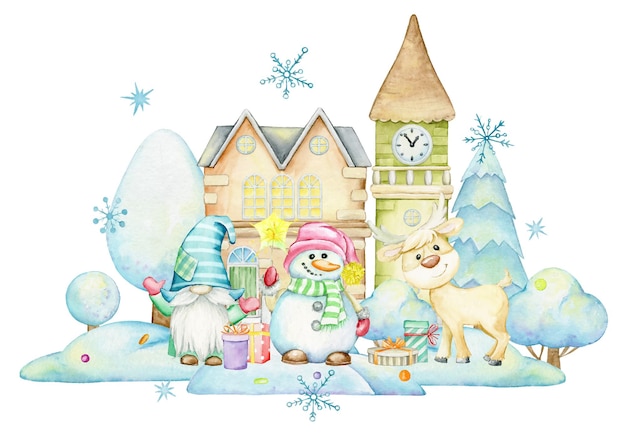 Gnomos, renas, bonecos de neve, casas, árvores, neve. Concerto de Natal em aquarela