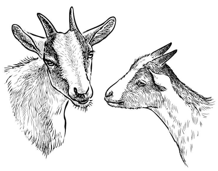 Vetor goatcubtdois animais retrato de cabeça esboço com chifres ilustração vetorial desenhada à mão isolada em branco