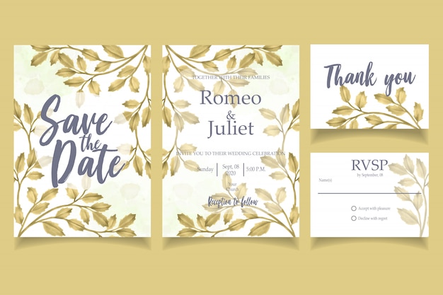 Gold leaf watercolor invitation modelo floral de cartão de festa de casamento