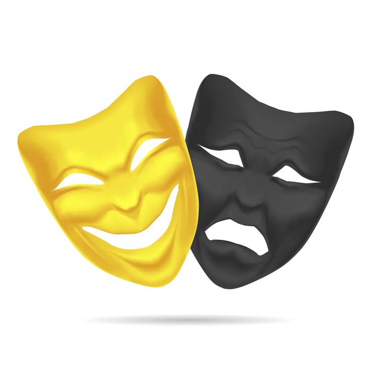 Vetor golden e black comedy e tragedy mask theatre. casal realista expressão feliz e triste para o desempenho. ilustração vetorial