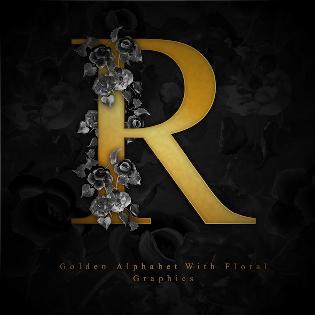 Golden letter r watercolor floral background