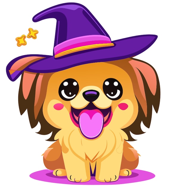 Vetor golden retriever bonito com a língua pendurada usando um chapéu de bruxa roxo ilustração vetorial kawaii