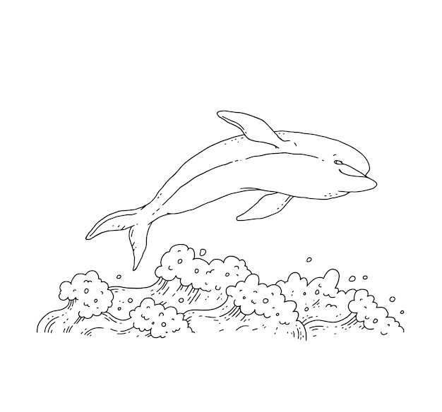 Golfinho pulando nas ondas do mar animal aquático brincalhão doodle vetor de linha de esboço branco preto ilustração