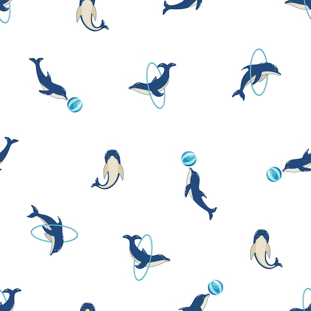 Golfinhos de padrão sem costura em poses diferentes ilustração vetorial de animais marinhos Golfinhos pintados nadam e jogadores no dolphinarium