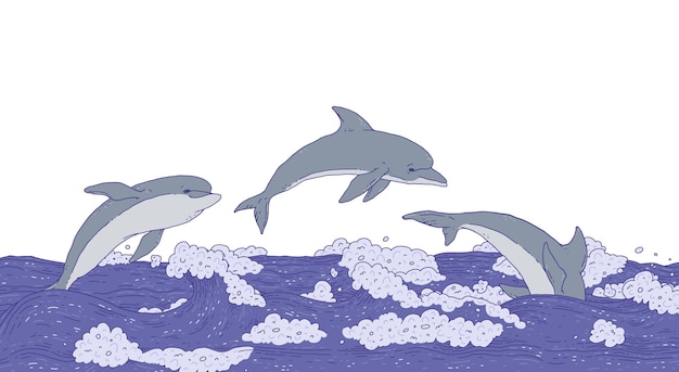 Vetor golfinhos nadam e pulando nas ondas do mar seascape com animais aquáticos brincalhão doodle linha vector ilustração banner