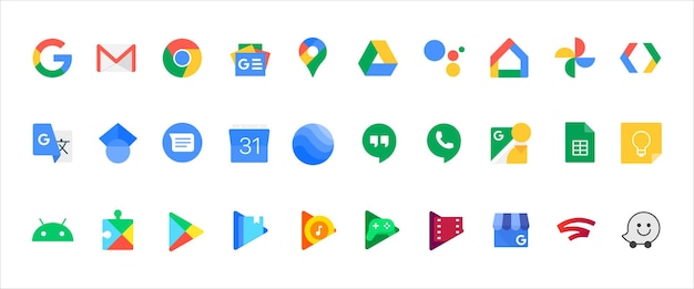 Vetor google set icon chrome google podcast one drive maps pixel search console optimize google ads cloud interactive media manafactured centre android blog vector line icon for business (icona de linha vetorial para negócios)