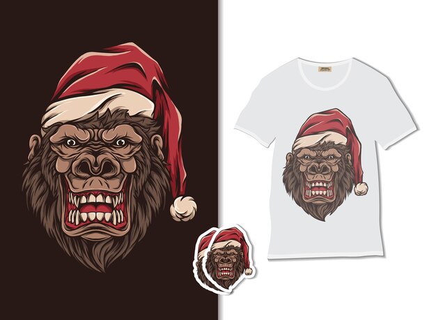 Vetor gorila com chapéu de papai noel com design de camiseta desenhada à mão