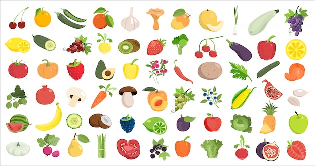 Gosta de comida saudável. Frutas e legumes em branco.